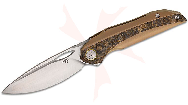 Bestech Knives Senu Frame Lock Flipper Knife 3.48 inch S90V Hand Rubbed Satin Drop Point Blade, Bronze Titanium Handles with Gold FatCarbon Inlays