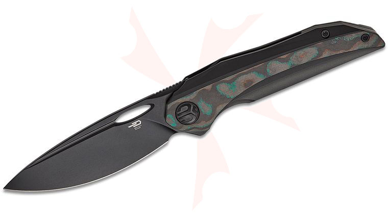 Bestech Knives Senu Frame Lock Flipper Knife 3.48 inch S90V Black PVD Drop Point Blade, Black PVD Titanium Handles with Blue CamoCarbon Inlays