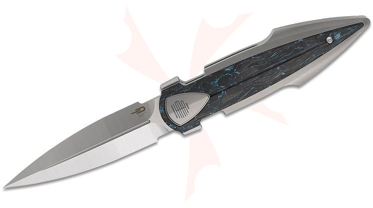 Bestech Knives Tashi IKA Dagger Liner Lock Flipper Knife 3.9 inch M390 Satin Single-Edge Dagger Blade, Blasted Integral Titanium Handles with Blue Marble Carbon Fiber Inlays