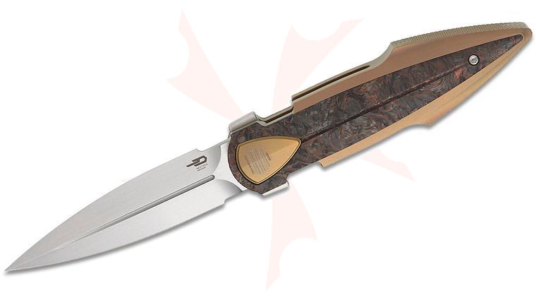 Bestech Knives Tashi IKA Dagger Liner Lock Flipper Knife 3.9 inch M390 Satin Single-Edge Dagger Blade, Bronze Integral Titanium Handles with Copper Dark Matter FatCarbon Inlays