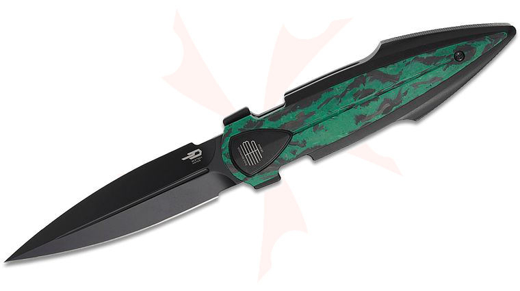 Bestech Knives Tashi IKA Dagger Liner Lock Flipper Knife 3.9 inch M390 Black PVD Single-Edge Dagger Blade, Black PVD Integral Titanium Handles with Glow-in-the-Dark Marble Carbon Fiber Inlays