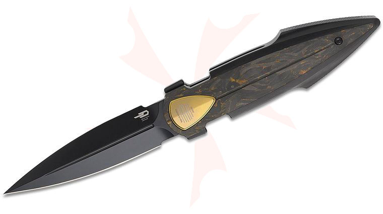 Bestech Knives Tashi IKA Dagger Liner Lock Flipper Knife 3.9 inch M390 Black PVD Single-Edge Dagger Blade, Black PVD Integral Titanium Handles with Gold Marble Carbon Fiber Inlays