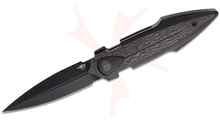 Bestech Knives Tashi IKA Dagger Liner Lock Flipper Knife 3.9 inch M390 Black PVD Single-Edge Dagger Blade, Black PVD Integral Titanium Handles with Purple Haze FatCarbon Inlays