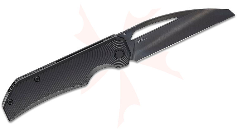 Bestech Knives Mini Taipan Left-Handed Frame Lock Front Flipper Knife 3.25 inch MagnaCut Satin DLC Sheepsfoot Blade, Milled Black PVD Titanium Handles