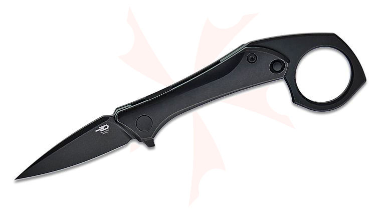 Bestech Knives Ostap Hel Duci Frame Lock Flipper Knife 2.05 inch CPM-20CV Black PVD Spear Point Blade and Titanium Handles, Removable Finger Ring