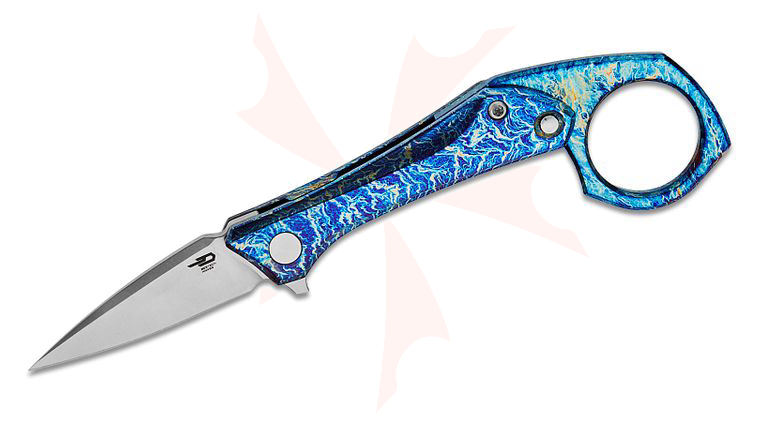 Bestech Knives Ostap Hel Duci Frame Lock Flipper Knife 2.05 inch CPM-20CV Satin Spear Point Blade, Entropic Anodized Titanium Handles, Removable Finger Ring
