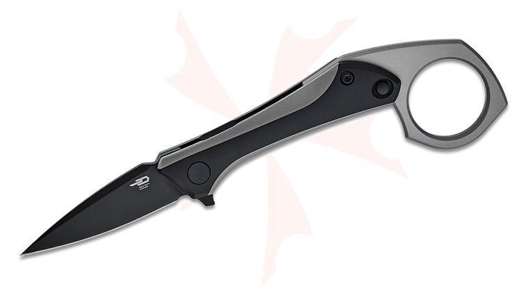 Bestech Knives Ostap Hel Duci Frame Lock Flipper Knife 2.05 inch CPM-20CV Black PVD Spear Point Blade, Black PVD and Bead Blast Titanium Handles, Removable Finger Ring