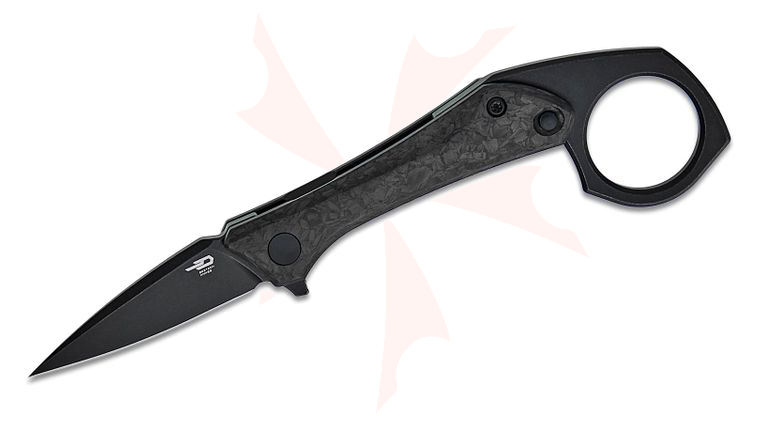 Bestech Knives Ostap Hel Duci Frame Lock Flipper Knife 2.05 inch CPM-20CV Black PVD Spear Point Blade, Marbled Carbon Fiber and Black Stonewashed Titanium Handles, Removable Finger Ring