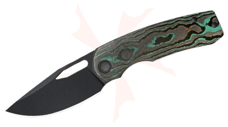 Bestech Knives Kriya Front Flipper Knife 3.03 inch M398 Black PVD Drop Point Blade, Shipwreck CamoCarbon and PVD Titanium Handles