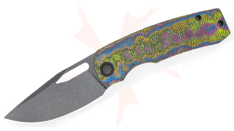 Bestech Knives Kriya Front Flipper Knife 3.03 inch M398 Black Stonewash Drop Point Blade, 80s-2 CamoCarbon and PVD Ripple Pattern Titanium Handles