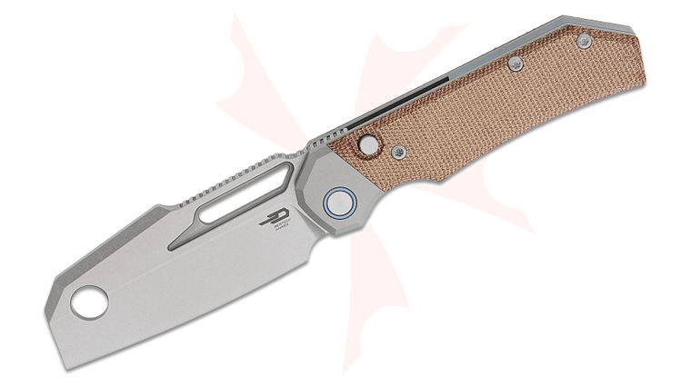 Bestech Knives Nyrrdreki Button Lock Folding Knife 3.08 inch M390 Stonewashed Cleaver Blade, Bead Blasted Titanium Handles with Natural Canvas Micarta Inlays