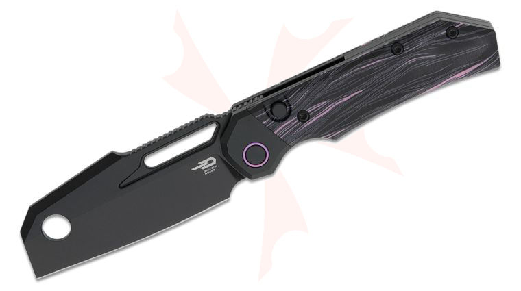 Bestech Knives Nyrrdreki Button Lock Folding Knife 3.08 inch M390 Black PVD Cleaver Blade, Black PVD Titanium Handles with Purple Side Cut G10 Inlays