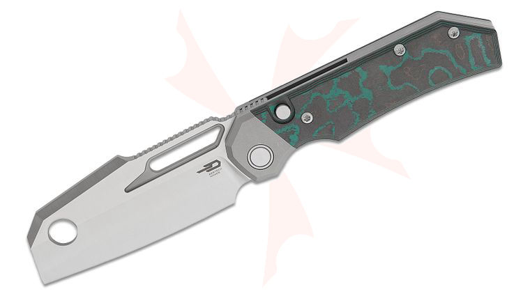 Bestech Knives Nyrrdreki Button Lock Folding Knife 3.08 inch M390 Satin Cleaver Blade, Bead Blasted Titanium Handles with Shipwreck Camo Carbon Inlays