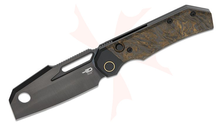 Bestech Knives Nyrrdreki Button Lock Folding Knife 3.08 inch M390 Black DLC Cleaver Blade, Black PVD Titanium Handles with Gold Dark Matter FatCarbon Inlays