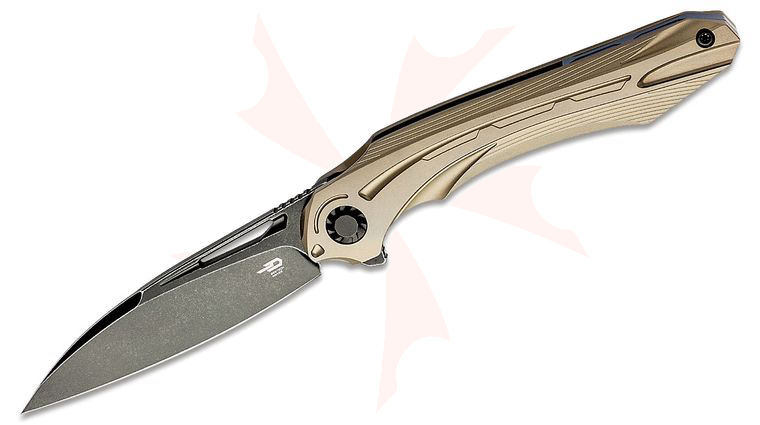Bestech Knives Kombou Wibra Flipper Knife 3.42 inch M390 Black Stonewashed Drop Point Blade, Bronze Milled Titanium Handles