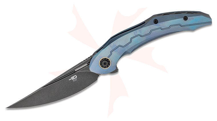 Bestech Knives Kombou Marukka Flipper Knife 3.625 inch M390 Black Stonewashed Persian Blade, Blue Milled Titanium Handles