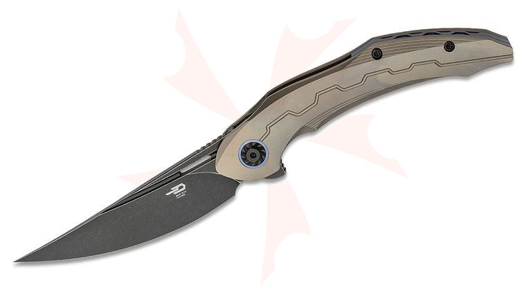Bestech Knives Kombou Marukka Flipper Knife 3.625 inch M390 Black Stonewashed Persian Blade, Bronze Milled Titanium Handles