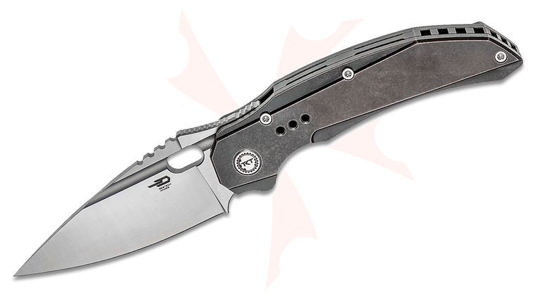 Bestech Knives Exploit Front Flipper Knife 3.5 inch S35VN Satin Drop Point Blade, Black Stonewashed Titanium Handles