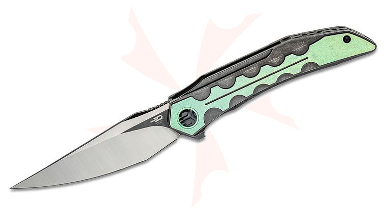 Bestech Knives Kombou Samari Flipper Knife 3.82 inch M390 Two-Tone Drop Point Blade, Green and Black Titanium Handles