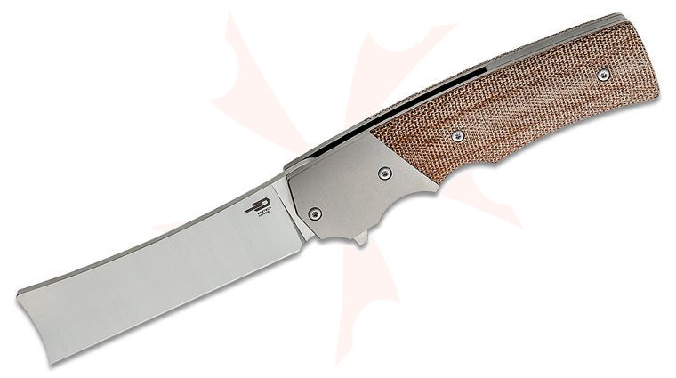 Bestech Knives Jason Clark Spanish Tip Razor Flipper Knife 3.66 inch M390 Satin Blade, Natural Canvas Micarta Handles with Titanium Bolsters