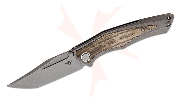 Bestech Knives Togatta Folding Knife 3.74 inch M390 Bead Blasted Tanto Blade, Dark Stonewashed Titanium Handles with Green Canvas Micarta Inlay
