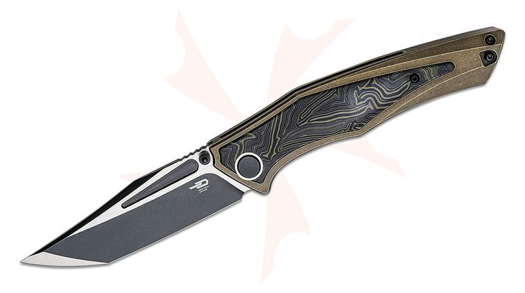 Bestech Knives Togatta Folding Knife 3.74 inch M390 Two-Tone Tanto Blade, Bronze Stonewashed Titanium Handles with Black/Green G10 Inlay