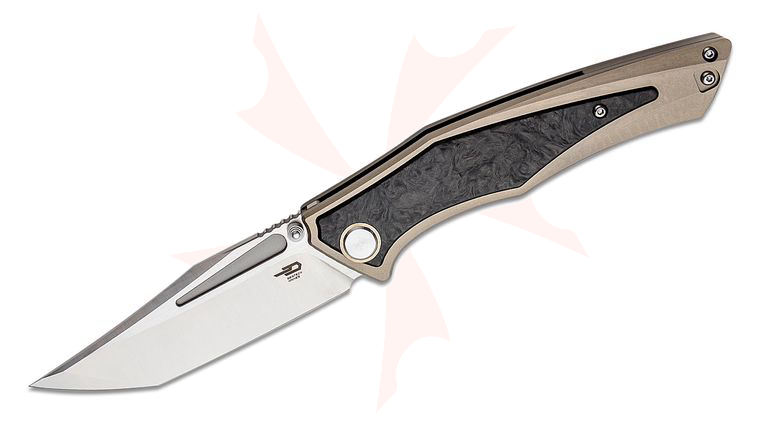 Bestech Knives Togatta Folding Knife 3.74 inch M390 Satin Tanto Blade, Stonewashed Titanium Handles with Carbon Fiber Inlay