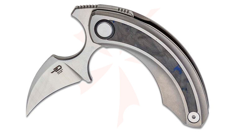 Bestech Knives Ostap Hel Strelit Push Dagger Flipper Knife 2.19 inch M390 Two-Tone Hawkbill Blade, Titanium Handles with Black/Blue Carbon Fiber Inlay