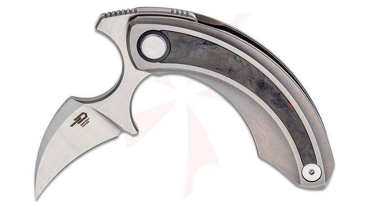 Bestech Knives Ostap Hel Strelit Push Dagger Flipper Knife 2.19 inch M390 Two-Tone Hawkbill Blade, Titanium Handles with Black/Red Carbon Fiber Inlay