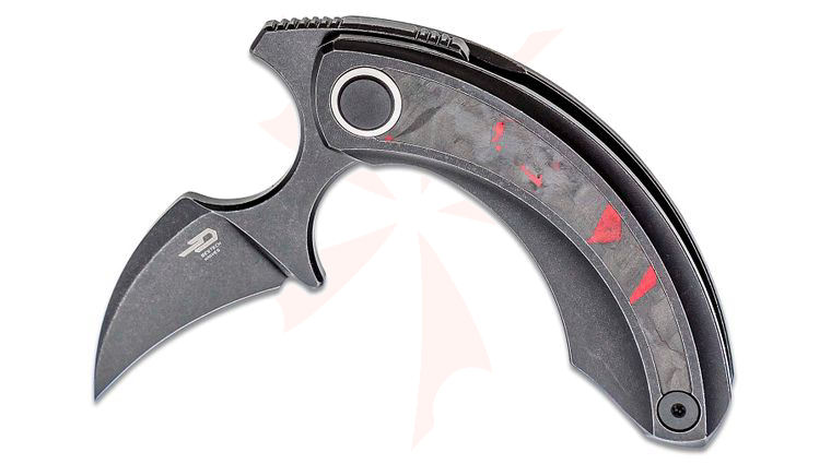 Bestech Knives Ostap Hel Strelit Push Dagger Flipper Knife 2.19 inch M390 Black Stonewashed Hawkbill Blade, Black Stonewashed Titanium Handles with Black/Red Carbon Fiber Inlay