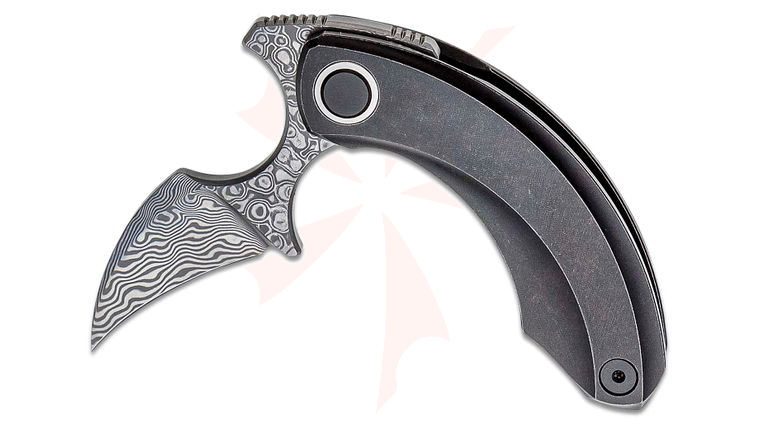 Bestech Knives Ostap Hel Strelit Push Dagger Flipper Knife 2.19 inch Damascus Hawkbill Blade, Black Stonewashed Titanium Handles