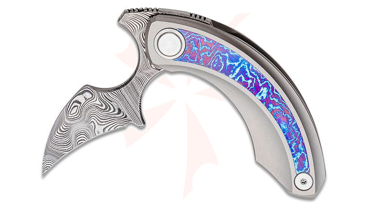 Bestech Knives Ostap Hel Strelit Push Dagger Flipper Knife 2.19 inch Damascus Hawkbill Blade, Titanium Handles with Timascus Inlay