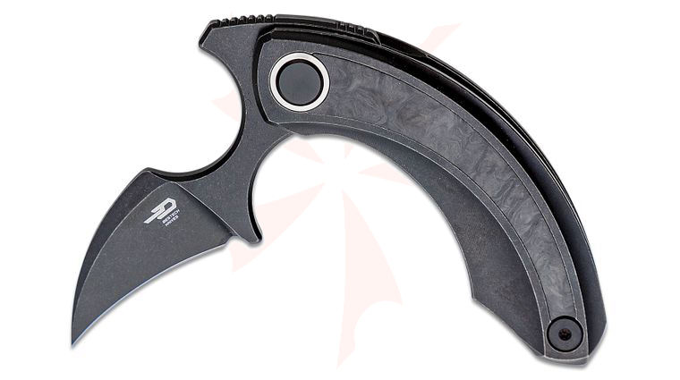 Bestech Knives Ostap Hel Strelit Push Dagger Flipper Knife 2.19 inch M390 Black Stonewashed Hawkbill Blade, Black Stonewashed Titanium Handles with Marbled Carbon Fiber Inlay