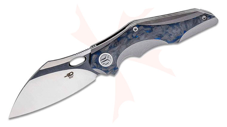 Bestech Knives Nogard Flipper Knife 3.37 inch M390 Two-Tone Modified Sheepsfoot Blade, Stonewashed Titanium and Blue Marbled Carbon Fiber Handles