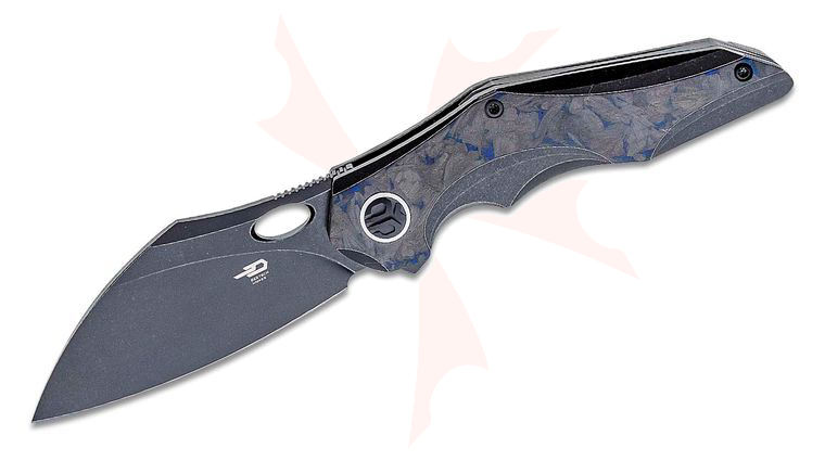 Bestech Knives Nogard Flipper Knife 3.37 inch M390 Black Stonewashed Modified Sheepsfoot Blade, Black Stonewashed Titanium and Blue Marbled Carbon Fiber Handles