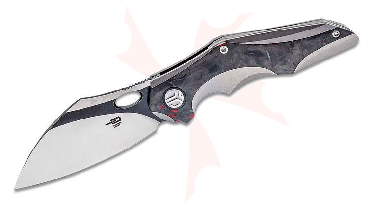 Bestech Knives Nogard Flipper Knife 3.37 inch M390 Two-Tone Modified Sheepsfoot Blade, Stonewashed Titanium and Red Marbled Carbon Fiber Handles