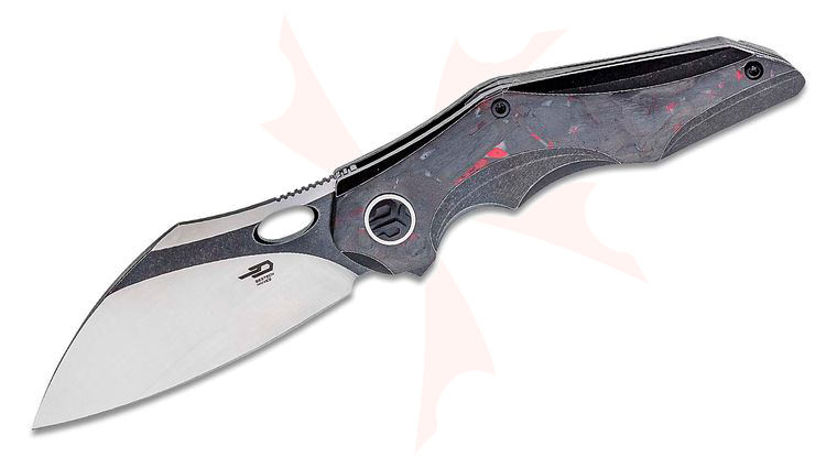Bestech Knives Nogard Flipper Knife 3.37 inch M390 Two-Tone Modified Sheepsfoot Blade, Black Stonewashed Titanium and Red Marbled Carbon Fiber Handles