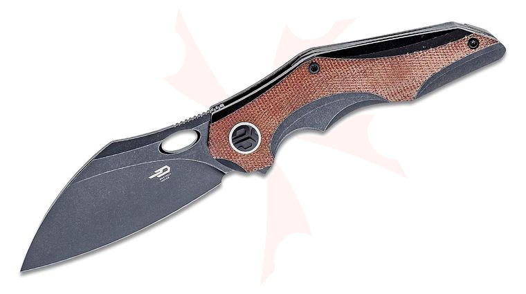 Bestech Knives Nogard Flipper Knife 3.37 inch M390 Black Stonewashed Modified Sheepsfoot Blade, Black Stonewashed Titanium and Natural Canvas Micarta Handles