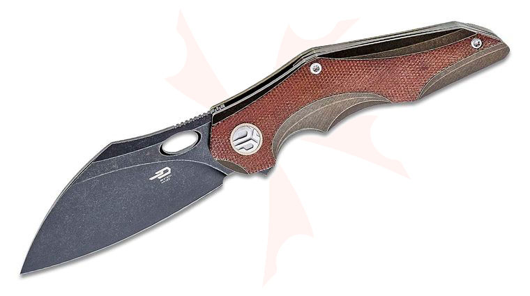 Bestech Knives Nogard Flipper Knife 3.37 inch M390 Black Stonewashed Modified Sheepsfoot Blade, Bronze Stonewashed Titanium and Natural Canvas Micarta Handles