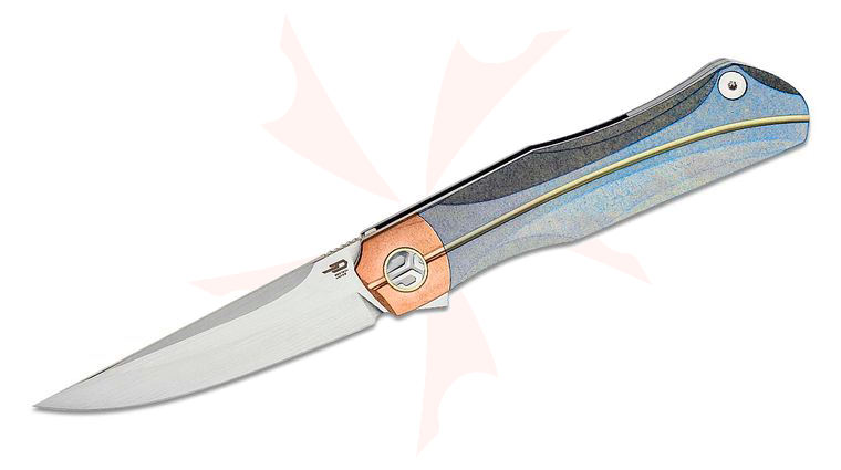 Bestech Knives Thyra Flipper Knife 3.56 inch M390 Horizontal Satin Drop Point Blade, Retro Blue Titanium Handles w/ Red Copper Bolsters