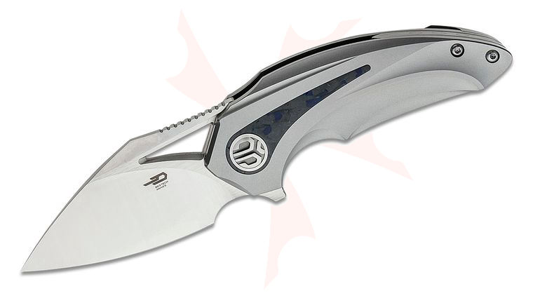 Bestech Knives Nuke Flipper Knife 2.72 inch M390 Satin Modified Wharncliffe Blade, Titanium Handles w/ Blue and Black Marble Carbon Fiber Inlays