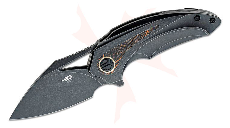 Bestech Knives Nuke Flipper Knife 2.72 inch M390 Black Stonewashed Modified Wharncliffe Blade, Black Stonewashed Titanium Handles w/ Black and Orange G10 Inlays