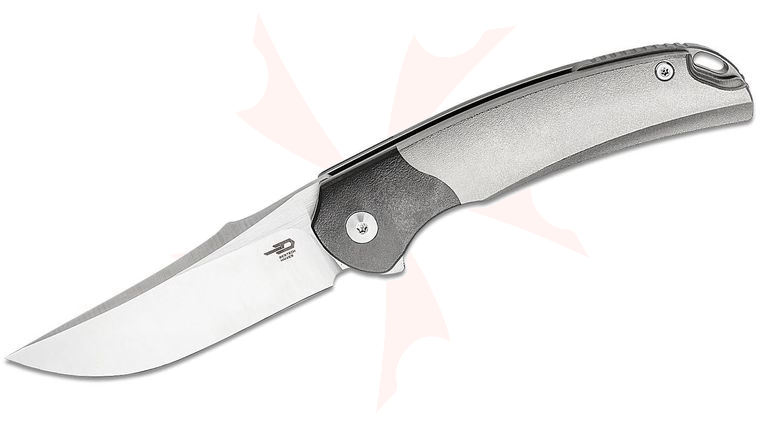 Bestech Knives Supernova Flipper Knife 3.07 inch M390 Satin Clip Point Blade, Gray Orange Peel Titanium Handles with Zirconium Bolsters and Clip