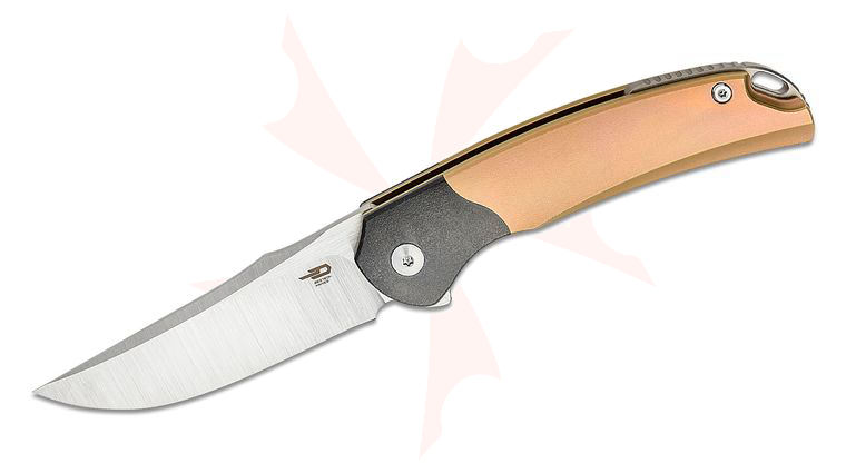 Bestech Knives Supernova Flipper Knife 3.07 inch M390 Satin Clip Point Blade, Gold Orange Peel Titanium Handles with Zirconium Bolsters and Clip