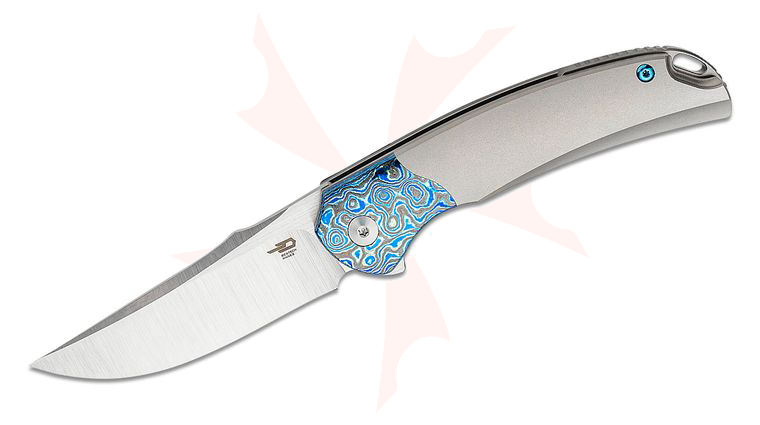 Bestech Knives Supernova Flipper Knife 3.07 inch M390 Satin Clip Point Blade, Bead Blasted Titanium Handles with ZircuTi Bolsters and Clip