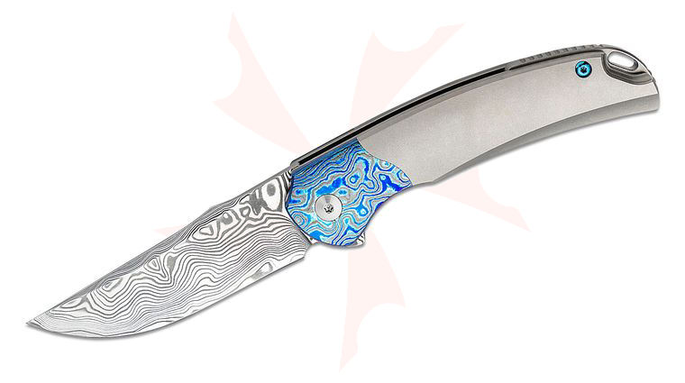 Bestech Knives Supernova Flipper Knife 3.07 inch Damasteel Clip Point Blade, Bead Blasted Titanium Handles with ZircuTi Bolsters and Clip