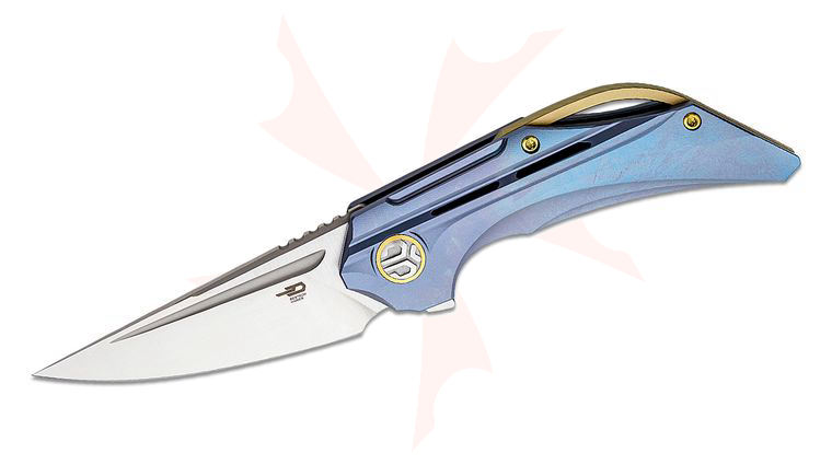 Bestech Knives Vigil Flipper Knife 3.27 inch M390 Satin Straight Back Blade, Milled Blue Titanium Handles with Gold Accents