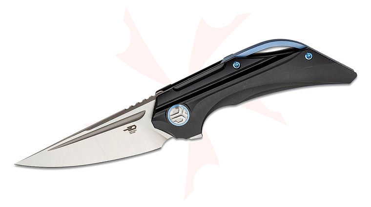 Bestech Knives Vigil Flipper Knife 3.27 inch M390 Satin Straight Back Blade, Milled Black Titanium Handles with Blue Accents