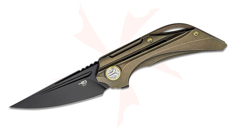 Bestech Knives Vigil Flipper Knife 3.27 inch M390 Black Stonewashed Straight Back Blade, Milled Bronze Titanium Handles with Gold Accents