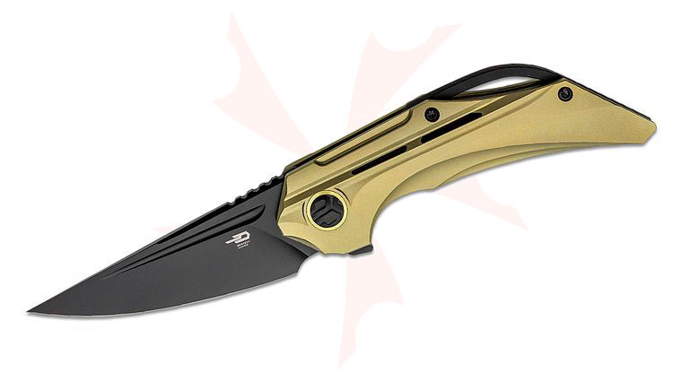 Bestech Knives Vigil Flipper Knife 3.27 inch M390 Black Stonewashed Straight Back Blade, Milled Gold Titanium Handles with Black Accents